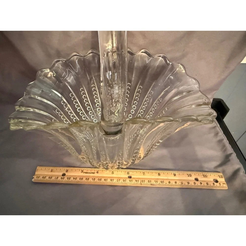 Vintage Clear Pressed Glass Basket Scalloped Edge Beaded Hobnail Handle 9.5in